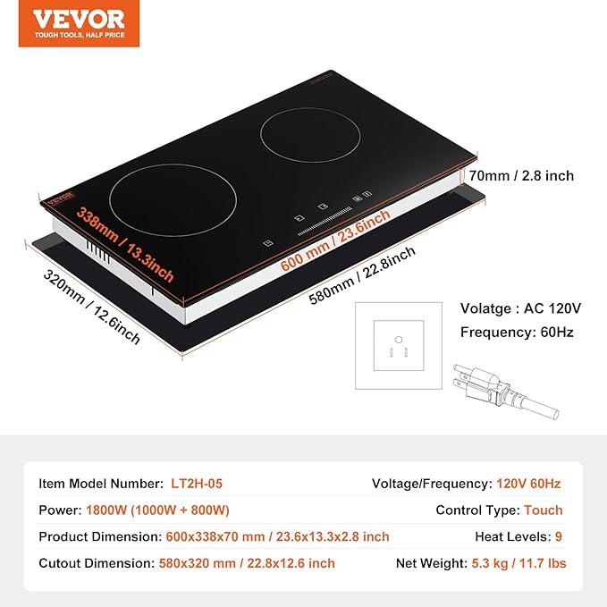 VEVOR Electric Radiant Cooktop, 24in 2 Burners Built-in Electric Stove Top, 1800W Ceramic Top Cooktop with Glass Panel, Touch Control, 9 Heat Level, Residual Heat Indicator,Timer, Child Lock, 120V
