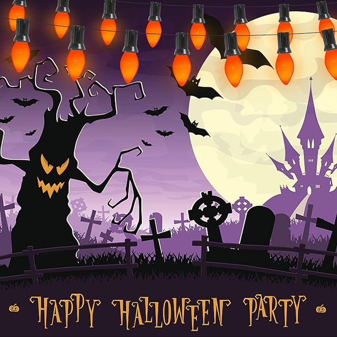 Abeja 25 Pack C7 Halloween Replacement Light Bulbs, Orange Ceramic Christmas Lights C7/E12 Candelabra Bulb for Indoor Outdoor Christmas Halloween String Light Bulbs Replacement, 5W