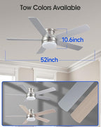 52 Inch Nickel Ceiling Fan With Light Flush Mount Dimmable 3 Color Temperatures LED Remote Control 6 Speed Reversible DC Motor 5 Blades Modern Ceiling Fan Design for Indoor or Covered Outdoor