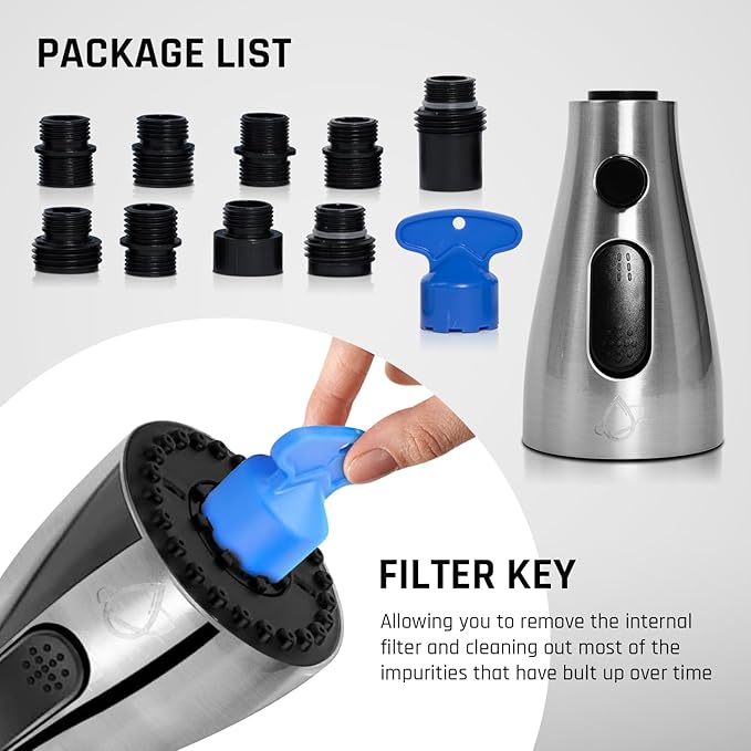 Kitchen Faucet Head Replacement – Pull-Down Sprayer for Moen, Delta| 3-Mode Sink Faucet Spray Head with 9 Adapters, Brushed Nickel, Kitchen Sink Sprayer Replacement.