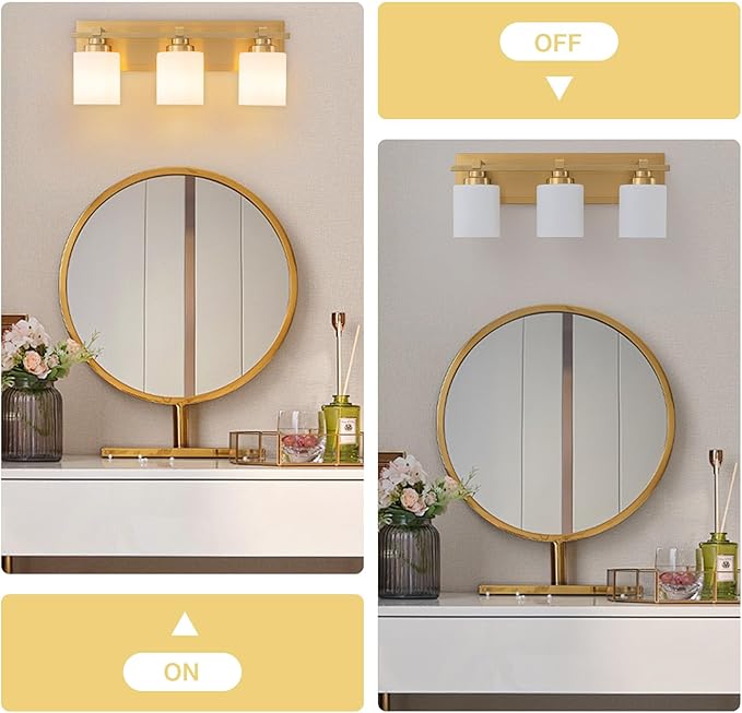 3 Light Modern Bathroom Light Fixtures Over Mirror, Brass Finish Vanity Lights for Bathroom Wall Sconces with Milky White Glass Shades, E26 Socket (Bulbs Not Included)