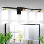5-Light Bathroom Light Fixtures, 31" Modern Vanity Lights Over Mirror with Milky White Glass Shade, Black & Gold Light Fixture, Classic Wall Light Fixture for Mirror Living Room Cabinet Bedroom Porch
