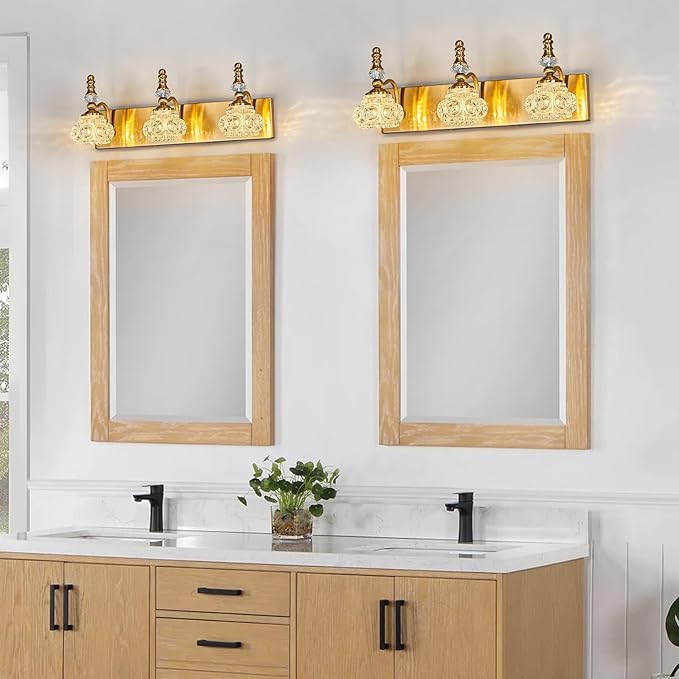 Modern Glass Crystal Vanity Light - Vintage Bathroom Lighting Fixtures Over Mirror, 3 Light Vanity Lights G9 Bulb (19.68 Inch, Gold)