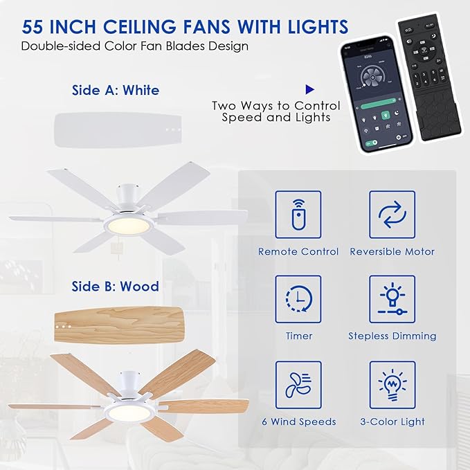 55In Flush Mount Ceiling Fan with RGB Light - White Modern Ceiling Fan with 6 Dual-Sided Blades, Reversible DC Motor, Low Profile Fan Light Fixture for Indoor Bedroom, Outdoor Patios