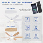 55In Flush Mount Ceiling Fan with RGB Light - White Modern Ceiling Fan with 6 Dual-Sided Blades, Reversible DC Motor, Low Profile Fan Light Fixture for Indoor Bedroom, Outdoor Patios