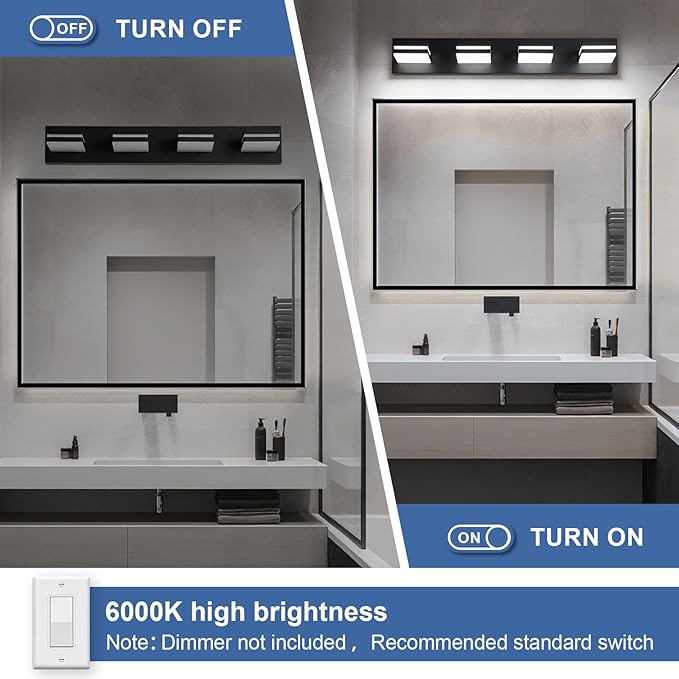 Modern LED Bathroom Lights Fixtures(4-Light),Metal Black Acrylic Wall Lighting,Vanity Lights for Bathroom Over Mirror(6000k 27In