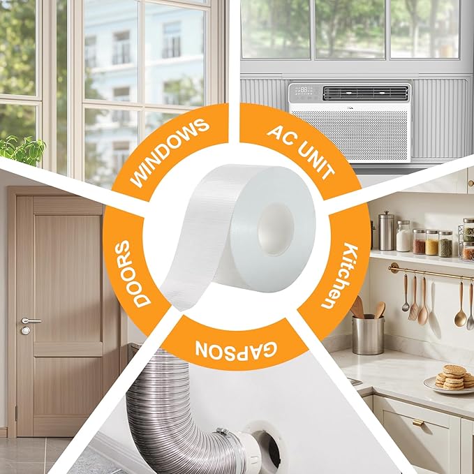 Window Weather Sealing Tape 2 Inch x 90 FT Weather Stripping Residue-Free Window Seal Insulation Tape for Doors Windows and Shower Glass Gaps White