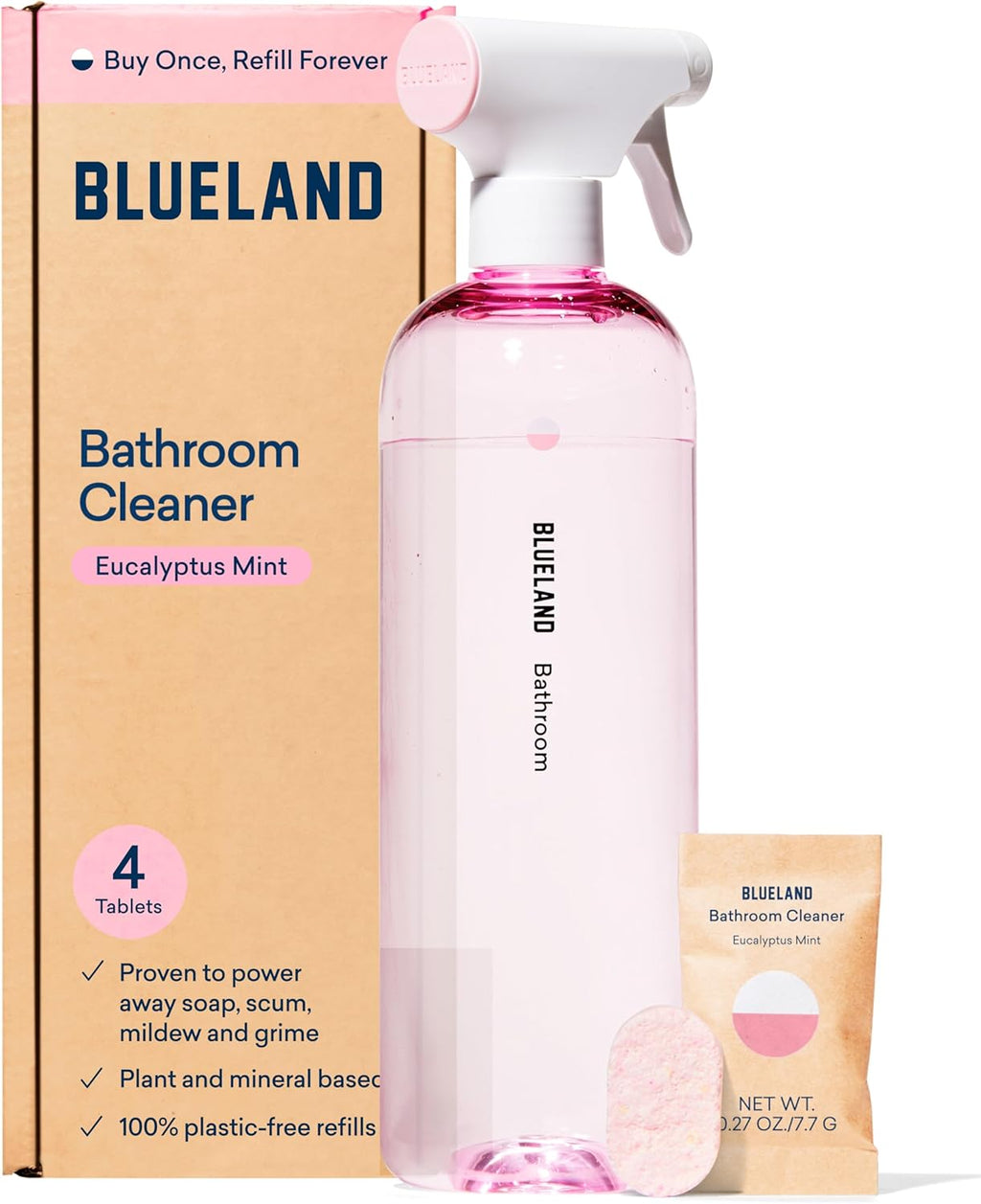 BLUELAND Bathroom Cleaner, Starter Set, Eucalyptus Mint Scent, Spray Bottle with 4 Refill Tablets, Eco-Friendly Cleaning Supplies, 4 x 24 Fl oz
