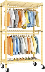 Raybee Clothing Rack with Wheels,Clothes Rack for Hanging Clothes,Portable Closet,2 Shelves,Yellow