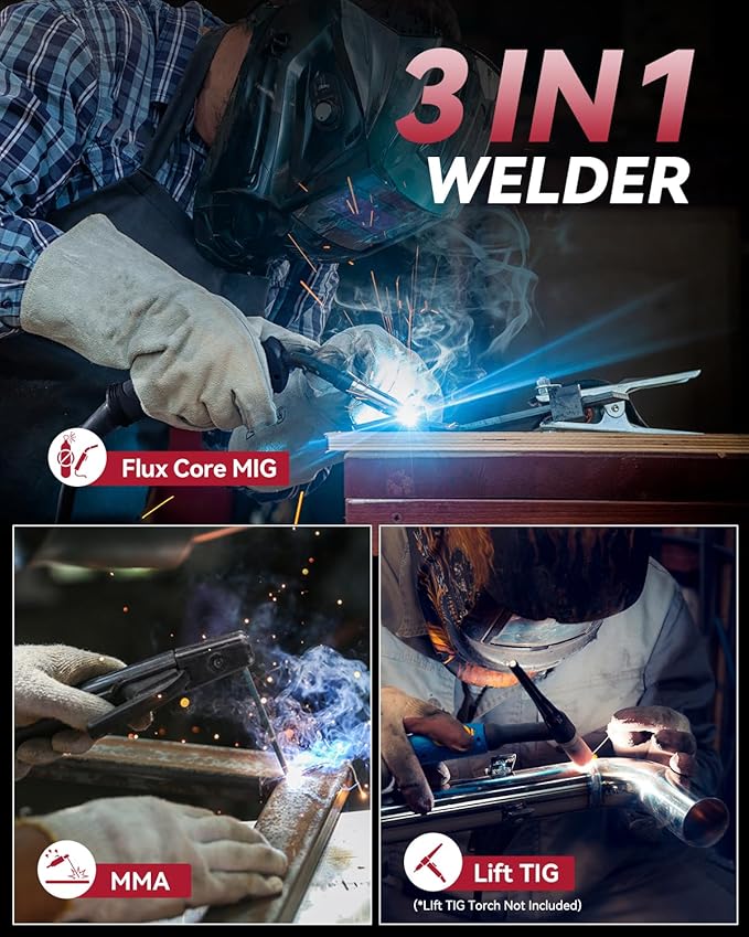 ARCCAPTAIN 130A MIG Welder, 3-in-1 Welder Machine 110V, Flux Core MIG/Lift TIG Welding/Stick Welding Machine with Synergy, IGBT Inverter Portable Gasless Welder Equipment with 1lb Welding Wire
