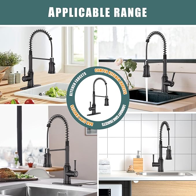 Kitchen Faucet with Pull Down Sprayer, Hurran Commercial Stainless Steel Kithcen Faucets, Single Handle Spring Faucets for Kitchen Sink, Sink Faucet for Farmhouse Wet Bar or RV, Matte Black