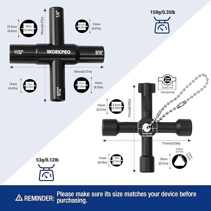 WORKPRO 2PC 4 Way Water Key Wrench, 40Cr Universal Utility Sillcock Key and Multifunctional Heavy-Duty Water Valve Key Tool for Faucet, Spigot, Electric Meter & Cabinet, 1/4", 9/32", 5/16", 11/32"