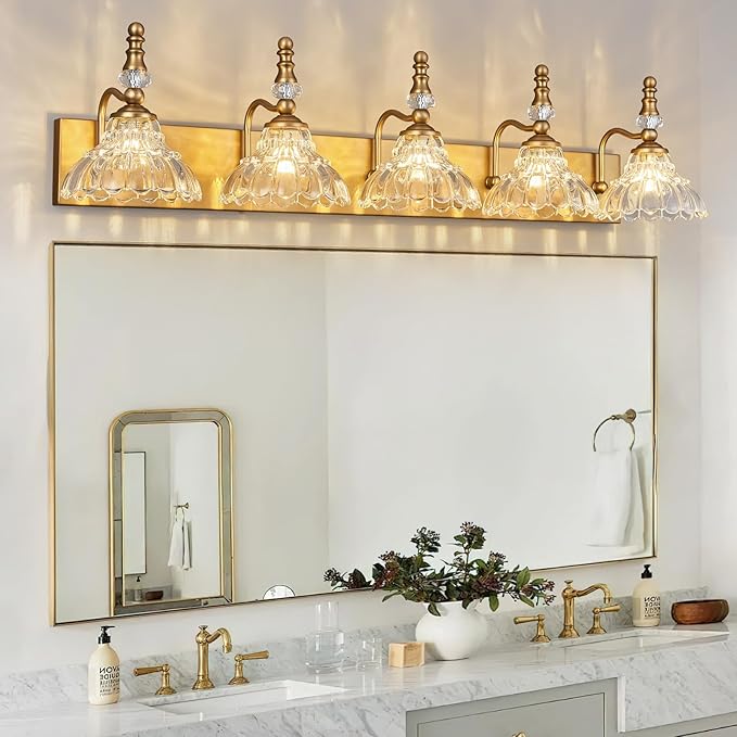 Vintage Bathroom Vanity Light, 5-Light Brass Vanity Lighting Fixture with Flower Glass Shade, Bathroom Lighting Fixtures Over Mirror