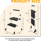 2 Step Ladder, Portable Steel Folding Step Stool with Wide Anti-Slip Pedal & Convenient Handgrip, 500lbs Sturdy Steel Ladder, White