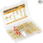 GASHER 48PCS 1/4"NPT Brass Pipe Fittings Kit，Coupling，90 Degree Elbow，45 Degree Elbow，Nipple，Ball Valve，Plug，Tee，4 Way，Reducer Adapter