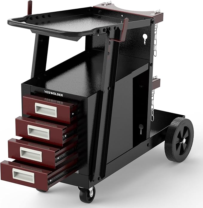 YESWELDER Welding Cart with 4 Drawers for MIG Welder TIG Welder and Plasma Cutter, Black&Red Version Heavy Duty Large Storage 360° Rolling Welding Trolley