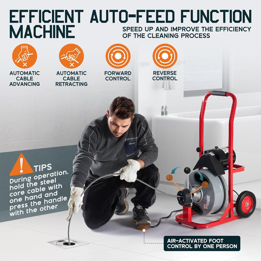 Albott 100 FT x 3/8 inch Electric Drain Cleaner Machine with Auto-Feed & 10 Cutters, Sewer Snake Auger for 1–4 Inch Pipes, Foot Switch & Wheels, Ideal for Home & Commercial Use, Gray/Red