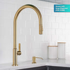 KRAUS Oletto High-Arc Single Handle Pull-Down Kitchen Faucet in Brushed Brass, KPF-2821BB