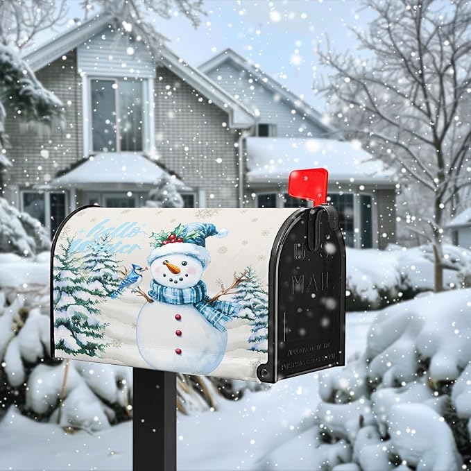 Hello Winter Snowman Mailbox Cover Magnetic Large Size 25.5 X 21 Christmas Snow Pine Tree Post Letter Box Wrap Covers Oversized for Garden Yard Outdoor Xmas Decor