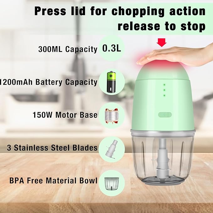 Food Processor - Cordless Mini Food Processor & Portable Small Food Chopper for Vegetables Fruit Salad Onion Garlic,Kitchen, 1.3Cup 10 0z,150 Watts,Glass Container Dishwasher Safe (Green)