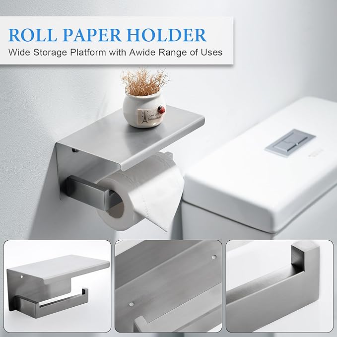 Brushed Nickel Bathroom Towel Bar Set Bathroom Accessories Hardware Set Including Double Towel Bar Towel Ring Coat Hook and Toilet Paper Holder with Shelf. Wall Mounted Stainless Steel