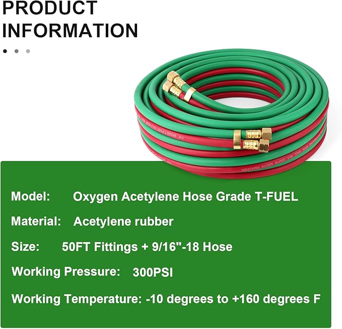 TAISHER 1/4" x 50FT Oxygen Acetylene Twin Hose With 9/16"-18 B fittings Welding Cutting Torch，Grade T