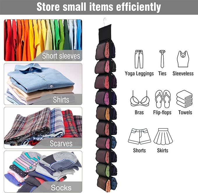 2 Pack Legging Storage Organizer, Hanging Closet Organizer System, Black Clothes Closets Holder with 20 Roll Independent Compartments for Yoga T-Shirts Bras Socks Pants Tank Top Towel