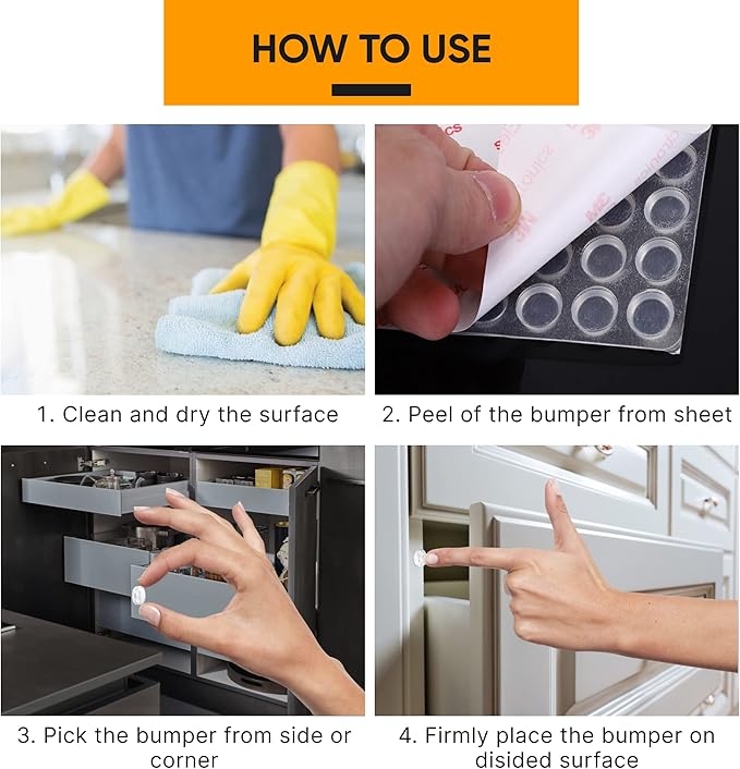 64 Self Adhesive Cabinet Door Bumpers – Sticky Clear Silicone Rubber Pads for Furniture Drawers, Kitchen Cabinets, Decor, Wall Protection – Vellax