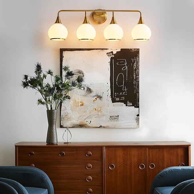 Brass Gold Bathroom Light Fixtures 4-ights Vanity Lights with Milky White Frosted Glass Shade Bathroom Vanity Light 30.7 inch Wall Sconce Lighting Bath(Exclude E26 Bulb)