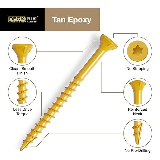 Deck Plus 2 Inch Epoxy Coated Exterior Wood and Fence Screws #8 x 2 Torx/Star Drive Included Coarse Thread, Outdoor Rust Resistant Decking Screw, Tan, 25lb Box, 3125 Pieces | 48713