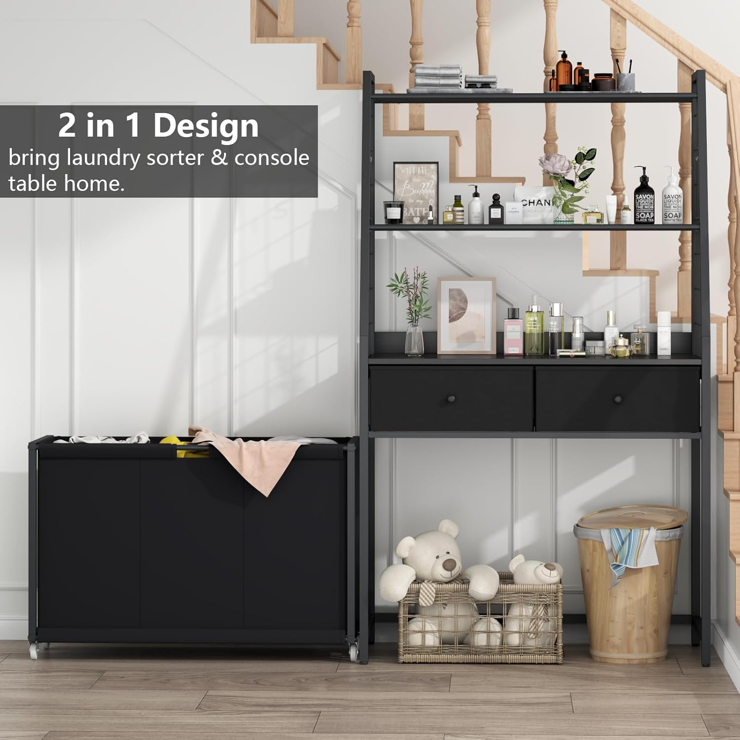 Laundry Hamper Laundry Basket with 3 Section Pull-Out Rolling Bags & 2-Tier Storage Shelf, Laundry Sorter for Organization and Storage with 2 Drawers for Laundry Room, Bathroom