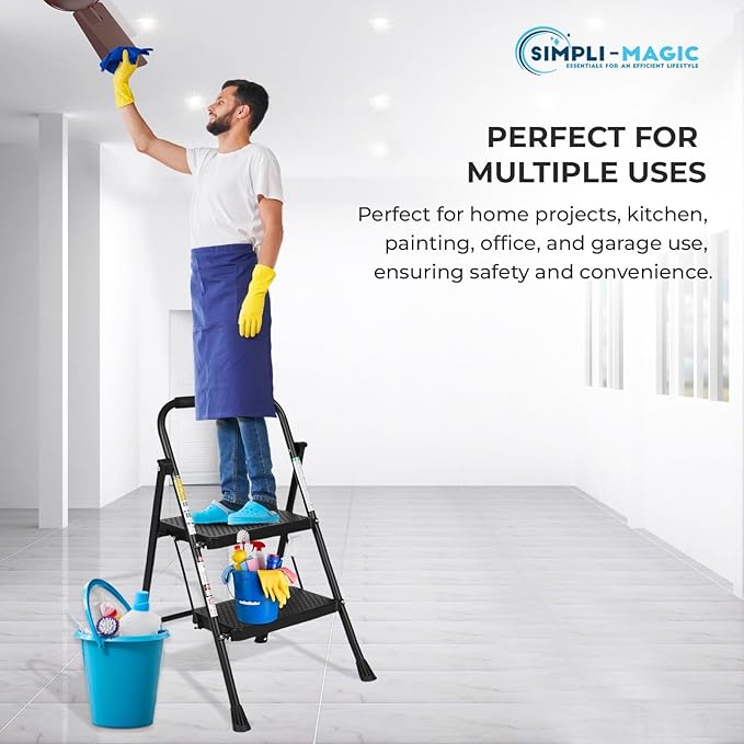 SIMPLI-MAGIC 2-Step Ladder, 800 LBS Capacity Folding Step Stool – Anti-Slip Wide Steps & Handgrip – ANSI Certified Lightweight & Durable Steel Stepping Stool for Kitchen, Home, Office & Garage