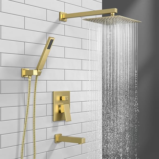 Lava Odoro Modern 3-Setting Square Shower and Tub Faucet Set with Shower Head and Handheld Sprayer Gold, Rainfall Shower System with Tub Spout, Shower Valve Trim Kit, Brushed Gold, SF103-SG-T
