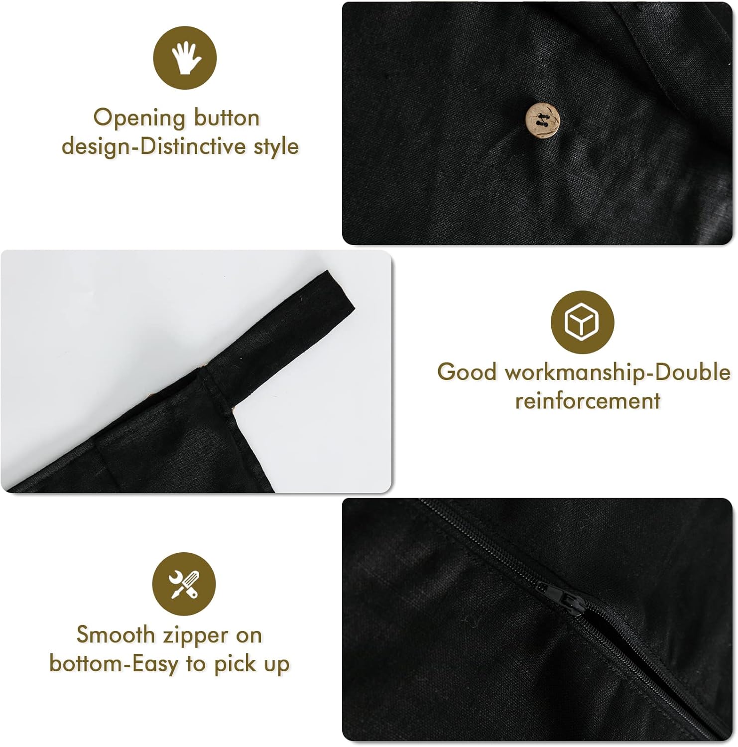 Linen Hanging Laundry Bag, 100% Linen Over The Door Laundry Hamper with Buttons and Zipper, Space Saving Door Hampers for Laundry Dirty Clothes Home Travel, Black