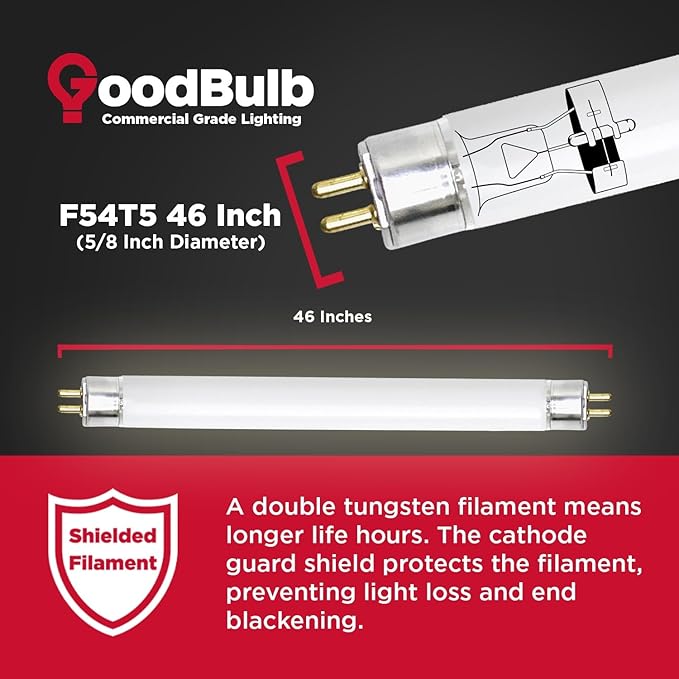 GoodBulb F54T5/835/ECO 54W 46 Inch T5 Fluorescent Light Bulb 3500K Soft White Color Medium Bi-Pin Base 4950 Lumens 85 CRI 36000 Life Hours Instant/Programmed Start Pack of 40 Bulbs