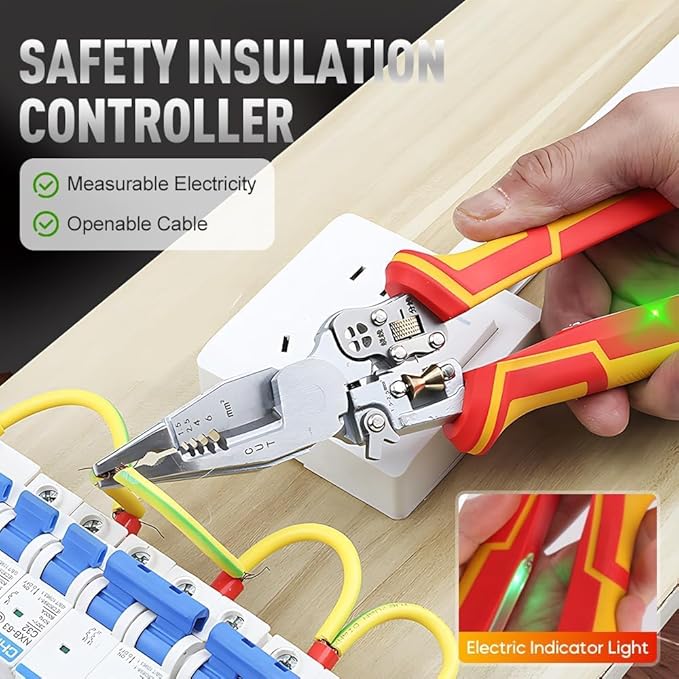 8-in-1 Wire Stripper Tool | 1000V Voltage Tester + Crimper/Cutter | 10-24 AWG Electrical Pliers with Non-Slip Grip (ETL Certified)