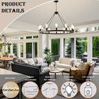 40” Farmhouse Wagon Wheel Chandelier,Black Rustic Chandelier 12-Lights Round Dining Room Light with Adjustable Height,Industrial Ceiling Light Fixtures for Kitchen,Foyer,Porch,Living Room