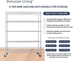 60"x24"x72" PRIME HEAVY DUTY Chrome 5-Tier Wire Shelving NSF 3000 LBS MAX Capacity Storage Rack for Commercial, School, Home, Garage, Warehouse, Industrial, and Hospital Uses (with Wheels)
