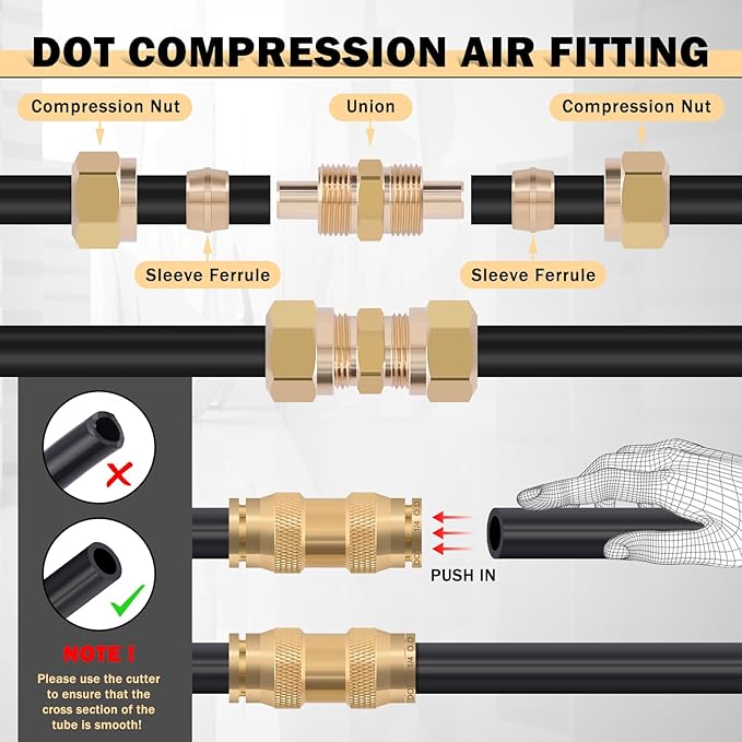 CheeMuii 86 PCS Brass DOT Air Line Fittings with 100FT 1/4" and 50FT 3/8" DOT Air Line Kit Push Lock Air Fitting Quick Connect & NPT Thread Fittings with Pneumatic Tubing