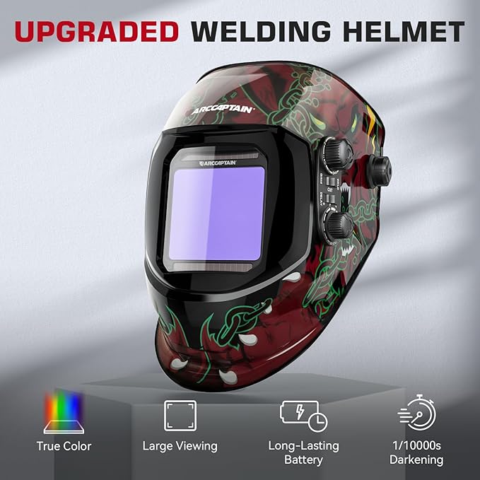 ARCCAPTAIN 3.94"X3.66" Large Viewing Screen Welding Helmet True Color Auto Darkening Solar Powered 4 Arc Sensor Welding Hood, Wide Shade 4-5/5-9/9-13 for ARC TIG MIG Welding Mask(Wolf Design)