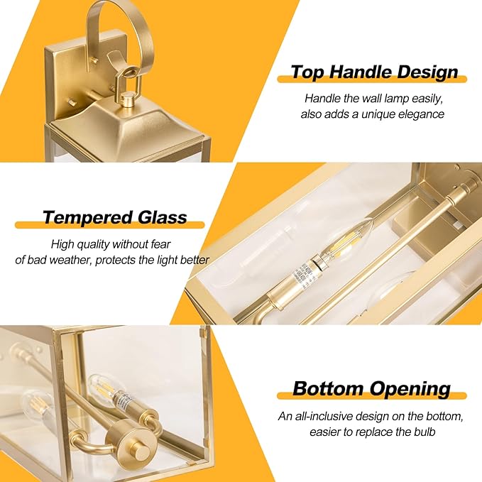 19" Gold Outdoor Wall Lantern 2-Light, Large Modern Wall Sconce Light Fixture, Industrial Porch Light with Glass, Waterproof Farmhouse Exterior Lamp (1 Pack)
