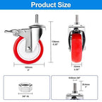 Stainless Steel Caster Wheels 4 inch, 3/8"-16x1 Threaded Stem Casters with Side Brake Set of 4, Non-Marking Slient Polyurethane PU Wheels for Furnitures,Restaurants,Labs,Hospitals