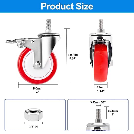 Stainless Steel Caster Wheels 4 inch, 3/8"-16x1 Threaded Stem Casters with Side Brake Set of 4, Non-Marking Slient Polyurethane PU Wheels for Furnitures,Restaurants,Labs,Hospitals