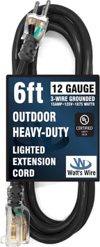Outdoor Extension Cord Waterproof (6 ft) 12 Gauge Heavy Duty Extension Cord - Lighted Outdoor Extension Cords - Watts Wire - 6' Grounded - extensiones electricas