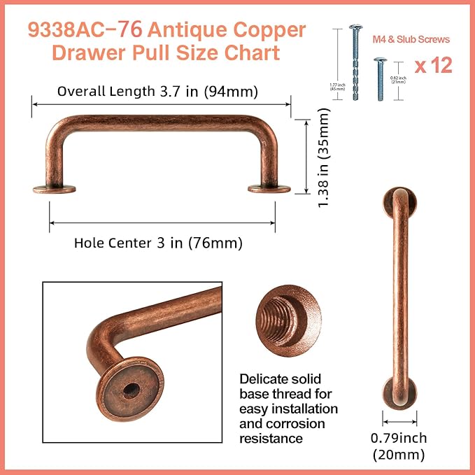 Goo-Ki 6 Pack Antique Copper Cabinet Pull Dark Copper Drawer Handles, 3 inch(76mm) c-c Solid Vintage Copper Bar Pulls Red Bronze Kitchen Hardware for Dresser Wardrobe Cupboard 9338AC-76