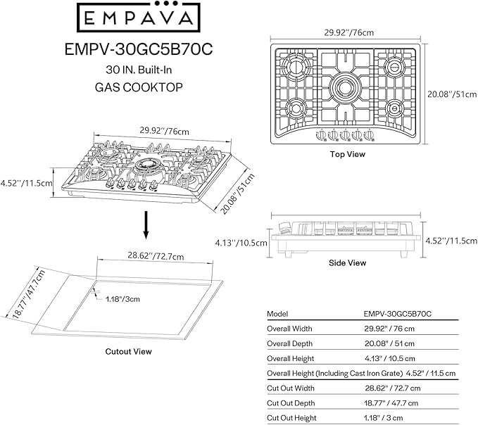Empava 30 Gas Stainless Steel 5 Italy Sabaf Sealed Burners with NG/LPG Conversion Stove Top Cooktops Designed for Kitchen and RV Use, 30 Inch