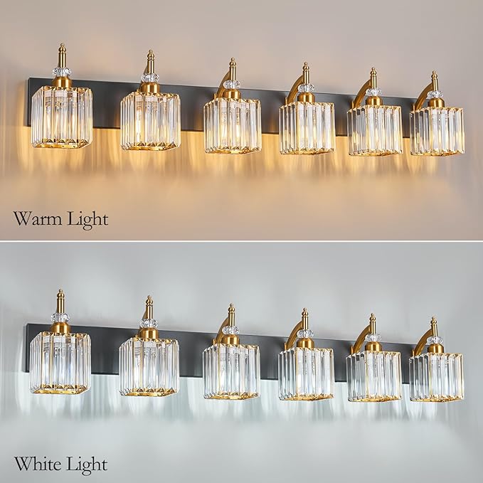 Modern Black Gold 6 Light Bathroom Vanity Light Crystal Bathroom Light Fixtures Over Mirror