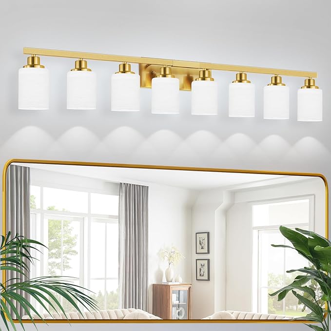 52inch Gold Bathroom Light Fixtures, Modern Bathroom Vanity Light with Milky White Glass Shade, Gold Wall Lamp Sconces for Mirror Bedroom, Living Room Hallway