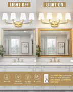 Emak 29 Inch Bathroom Lighting Fixtures Over Mirror, 4-Light Bathroom Vanity Light Wall Sconce with Flared White Fabric Shade, Brushed Gold Vanity Lights for Bathroom, Mirror, VL132-BGD-WF-4