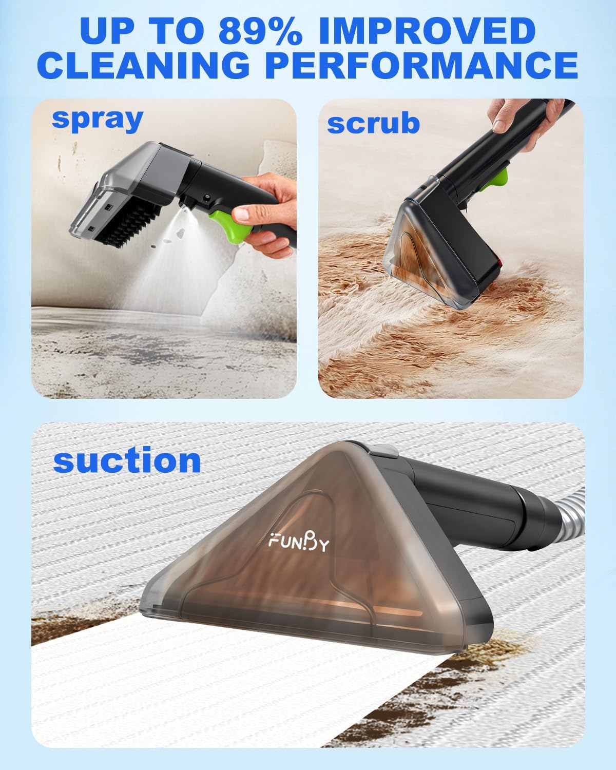 Portable Carpet Cleaner Machine,Carpet & Upholstery Cleaner Machine,15KPA Portable Small carpet Cleaner with Powerful Suction,Handheld Carpet Cleaner with 3 Brushead,portable Carpet cleaner for Pets